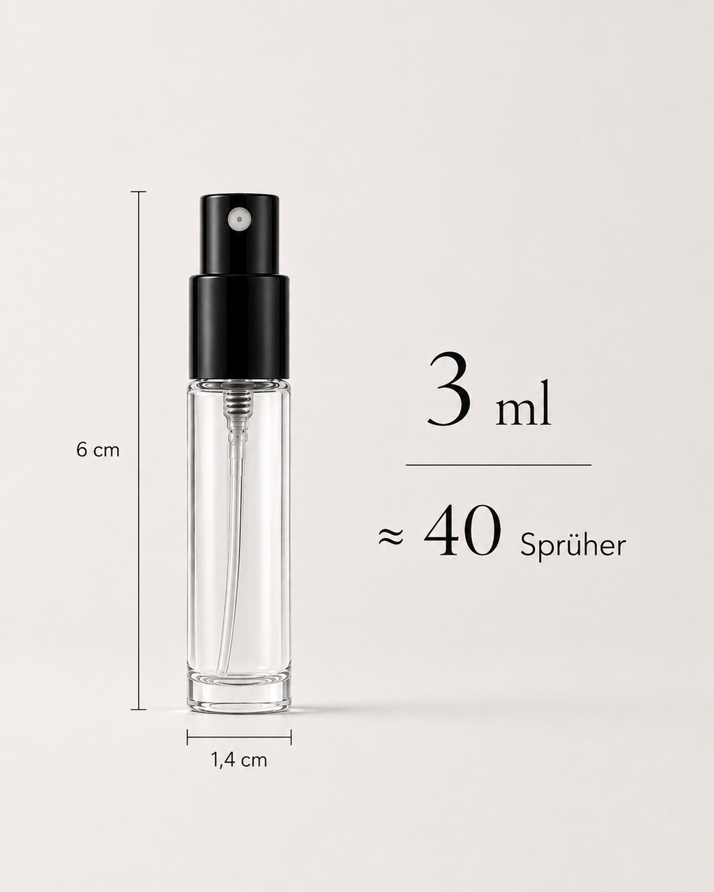 3 ml Parfumprobe von VERIEL in transparentem Flakon – 6 cm hoch, 1,4 cm breit und mit ca. 40 Sprühern.