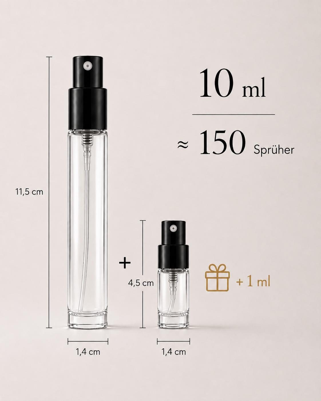10 ml Parfumprobe von VERIEL mit 1 ml Zugabe – 11,5 cm hoch, 1,4 cm breit und mit ca. 150 Sprühern.