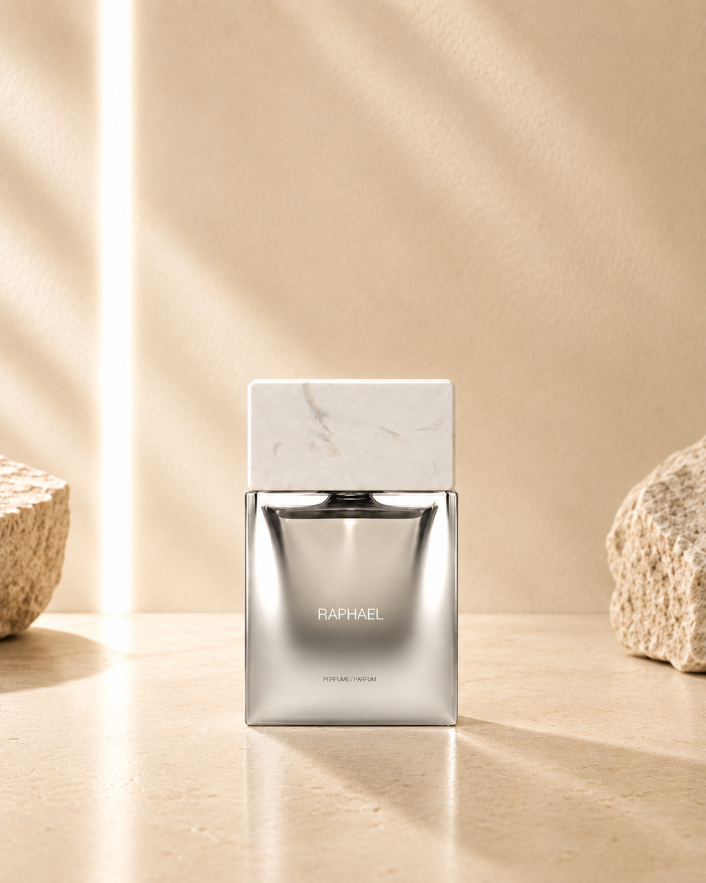 Raphael von Sora Dora – Produktbild des silbernen Parfumflakons auf einer hellen, eleganten Oberfläche.