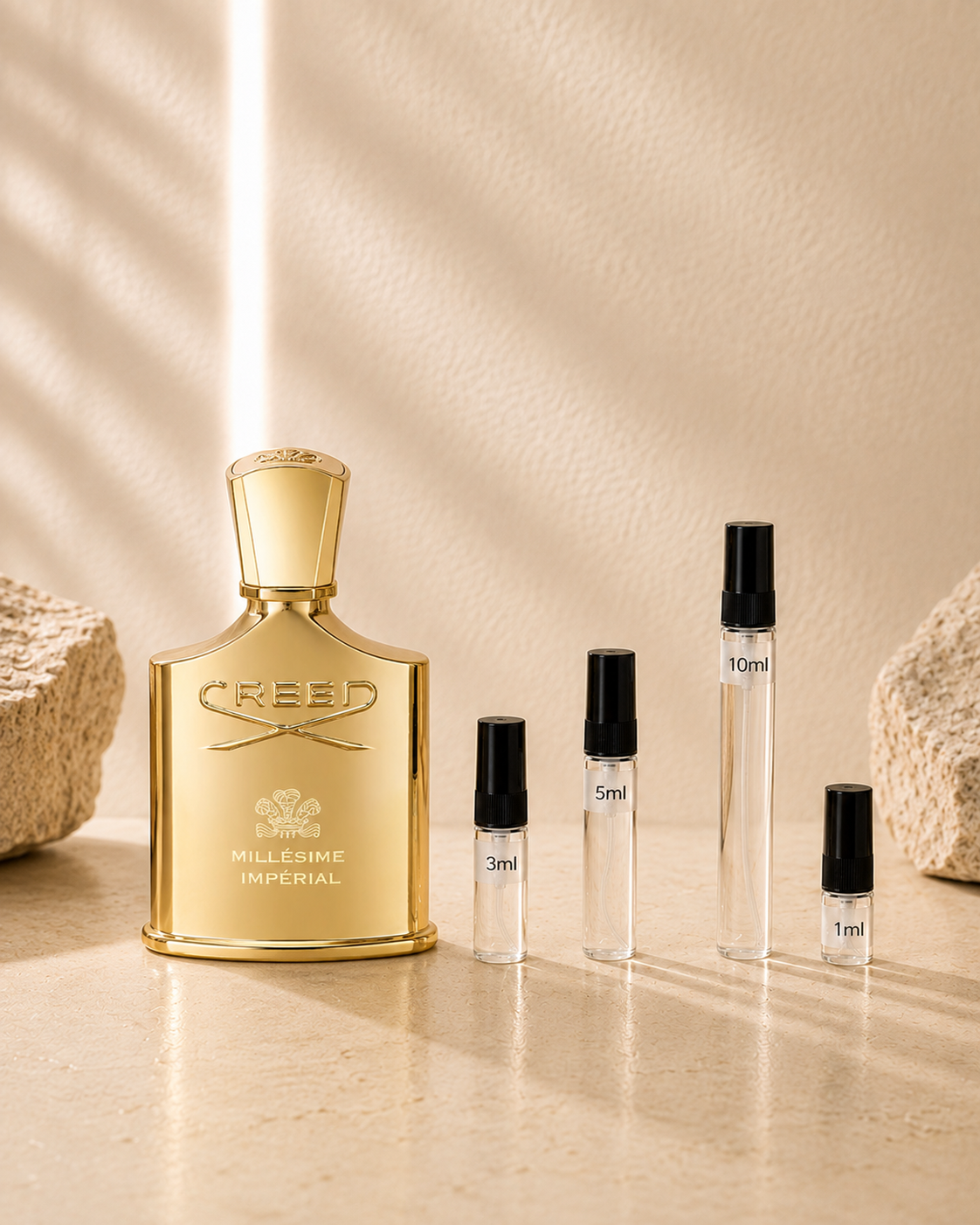 Millesime Impérial von Creed – Produktbild mit Originalflakon und Parfumproben in 1 ml, 3 ml, 5 ml und 10 ml.